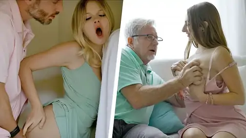 Step grandpa and step-father pounds teens with hair pulling